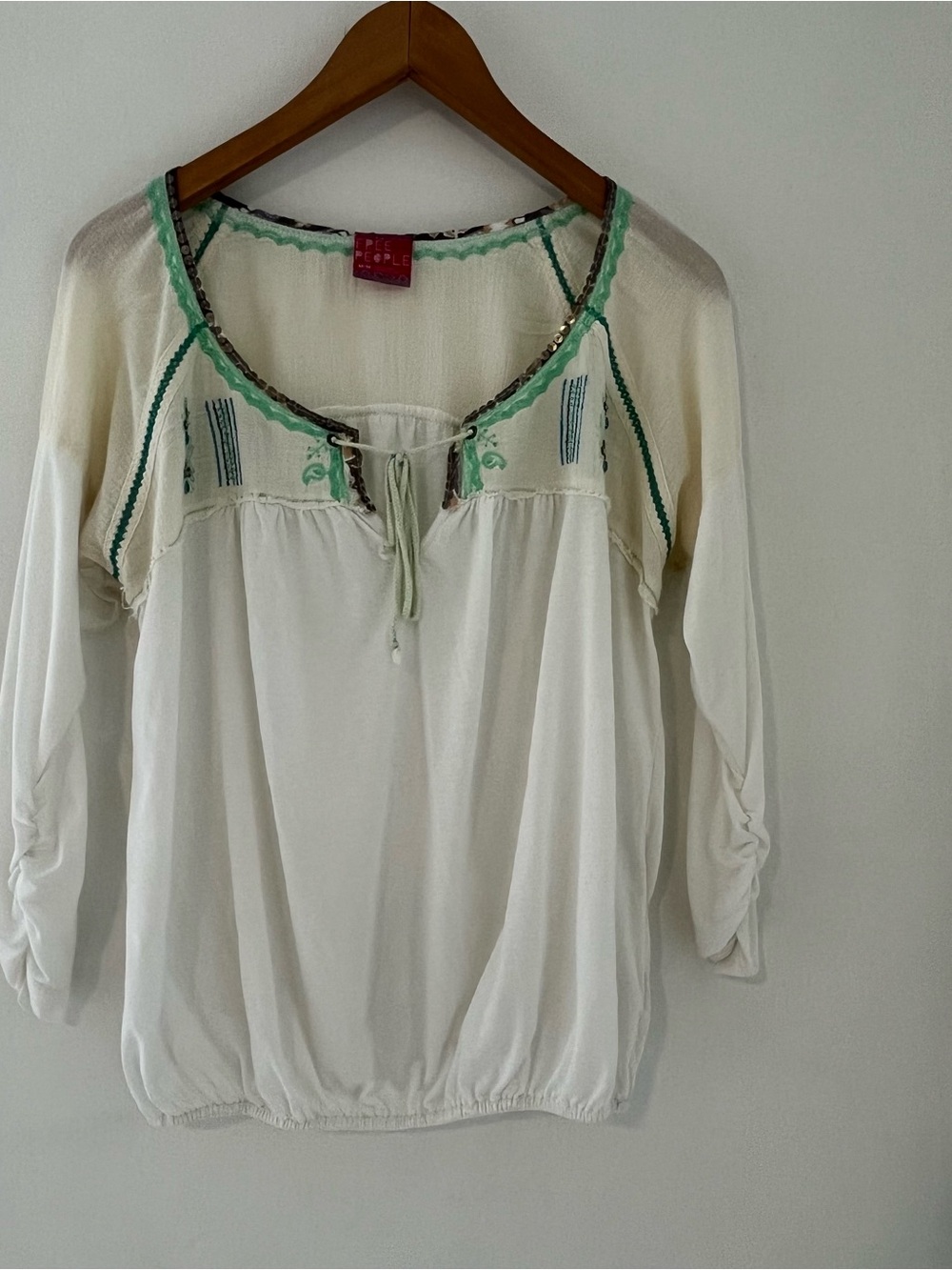 Free People Cream Bohemian Tunic with Mint Embroidery